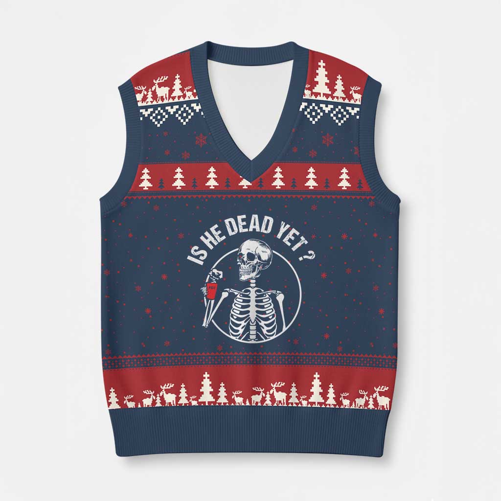 Is He Dead Yet Subtle FDT V-Neck Knit Sweater Vest Funny Skeleton Drinking Coffee TS02 Navy Red Print Your Wear