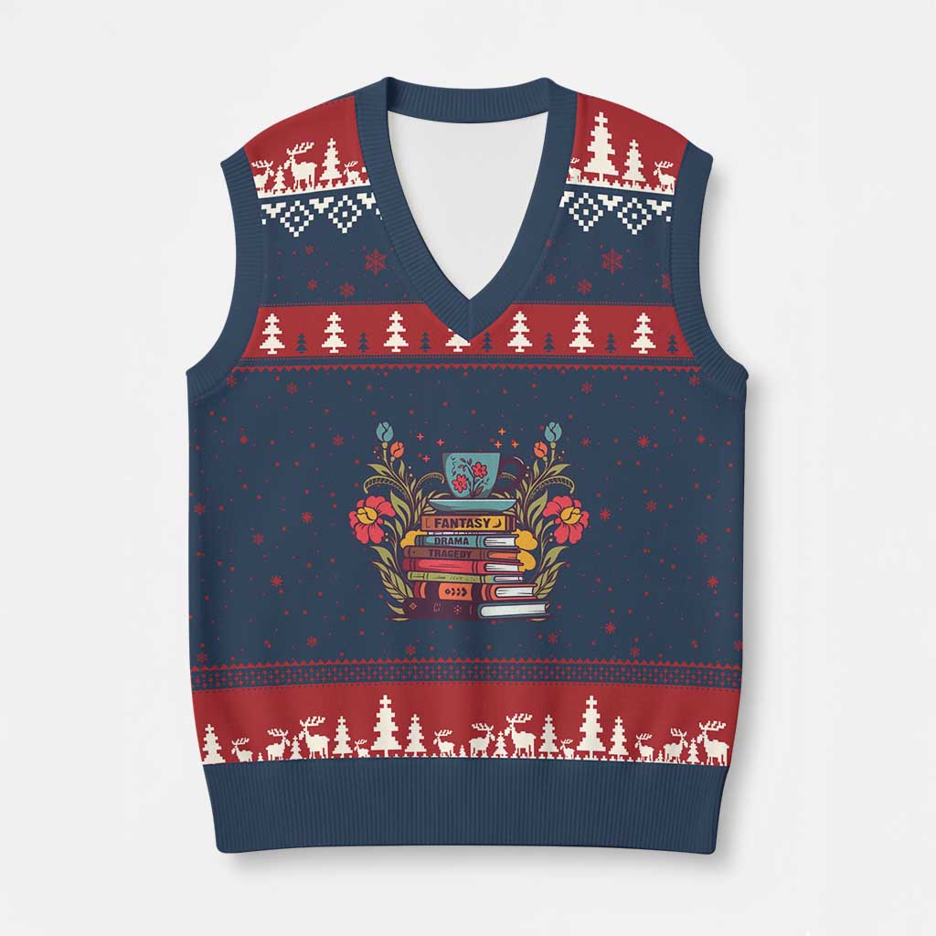 Subtle FDT V-Neck Knit Sweater Vest Fantasy Drama Tragedy Book Lover TS02 Navy Red Print Your Wear