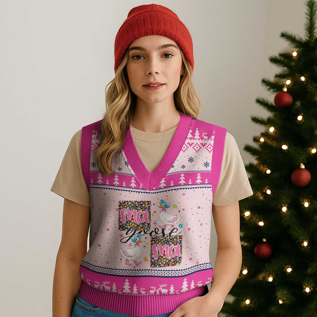 Floral Mama Goose V-Neck Knit Sweater Vest Coquette Vintage Aesthetic Geese Mom Mothers Day TS02 Hot Pink Print Your Wear