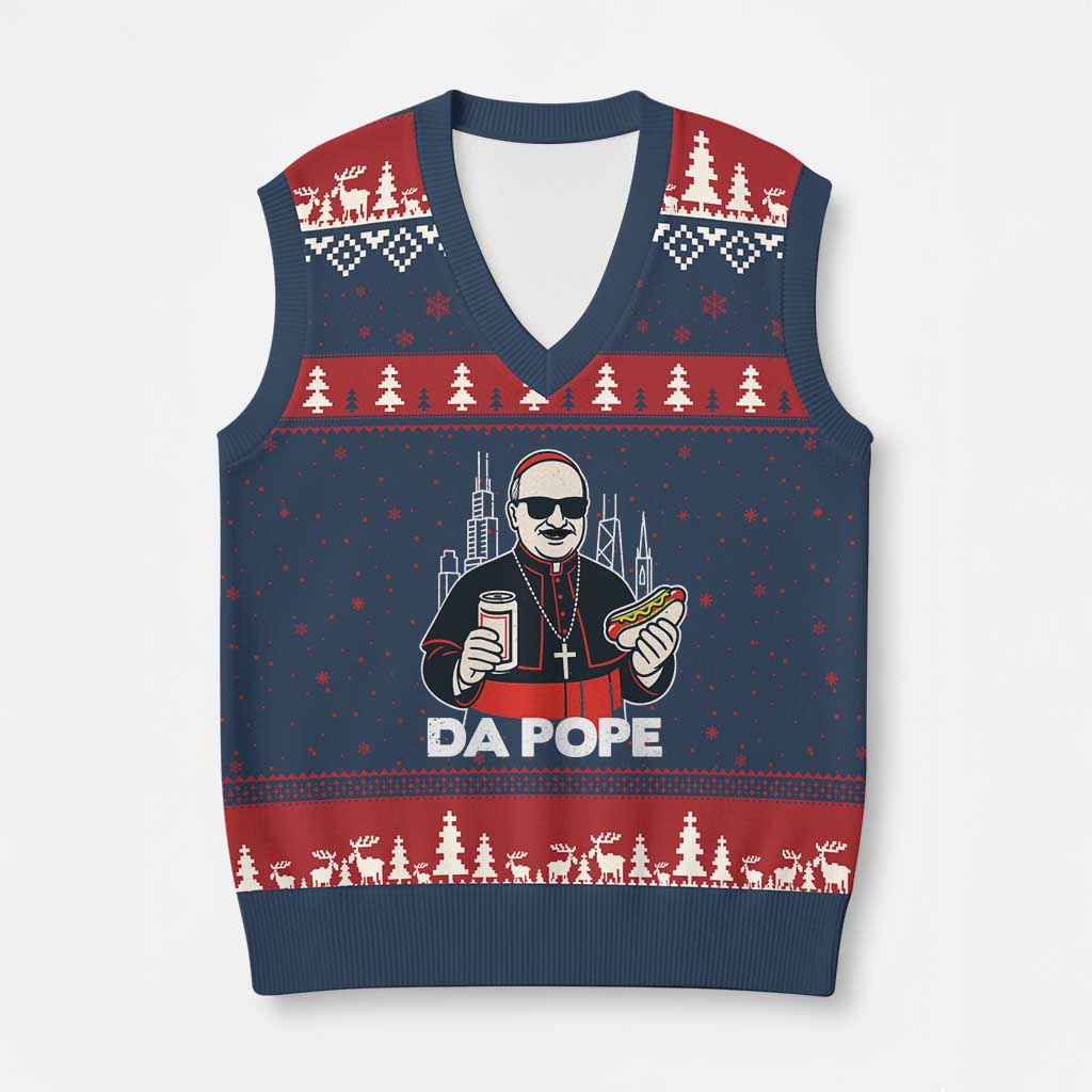 Funny Da Pope Chicago Hot Dog V-Neck Knit Sweater Vest 267th Pope Leo XIV TS02 Navy Red Print Your Wear