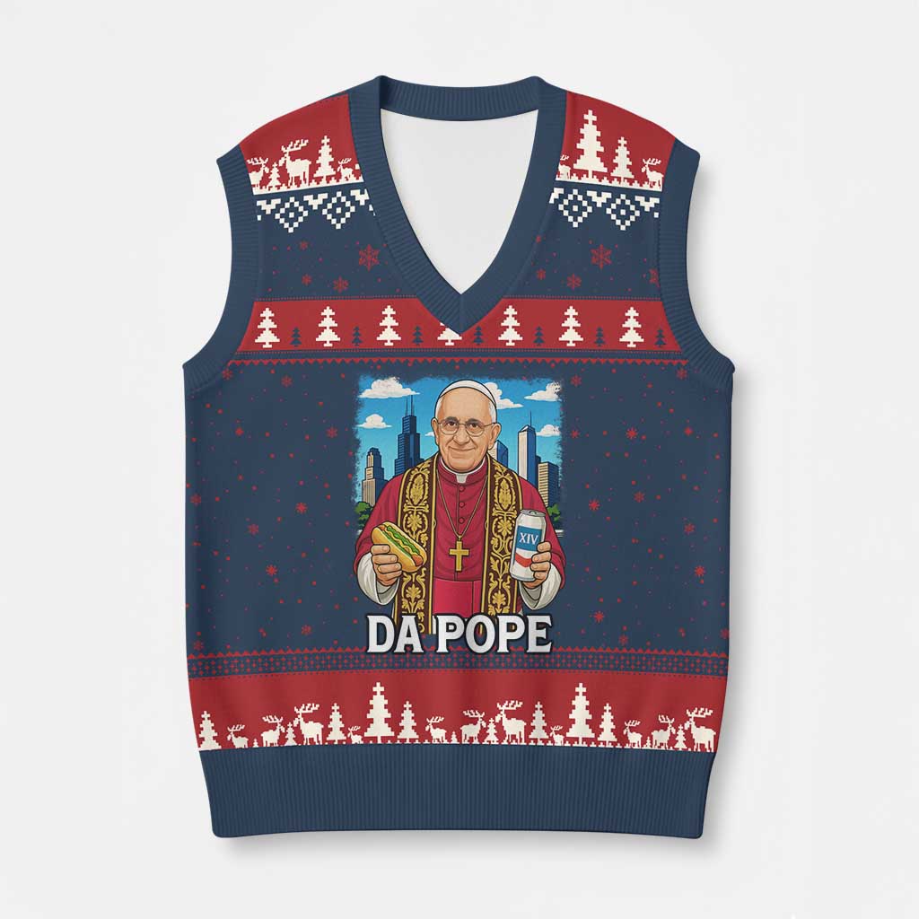 Funny Da Pope Leo XIV V-Neck Knit Sweater Vest 267th Pope Chicago Hot Dog and Beer TS02 Navy Red Print Your Wear