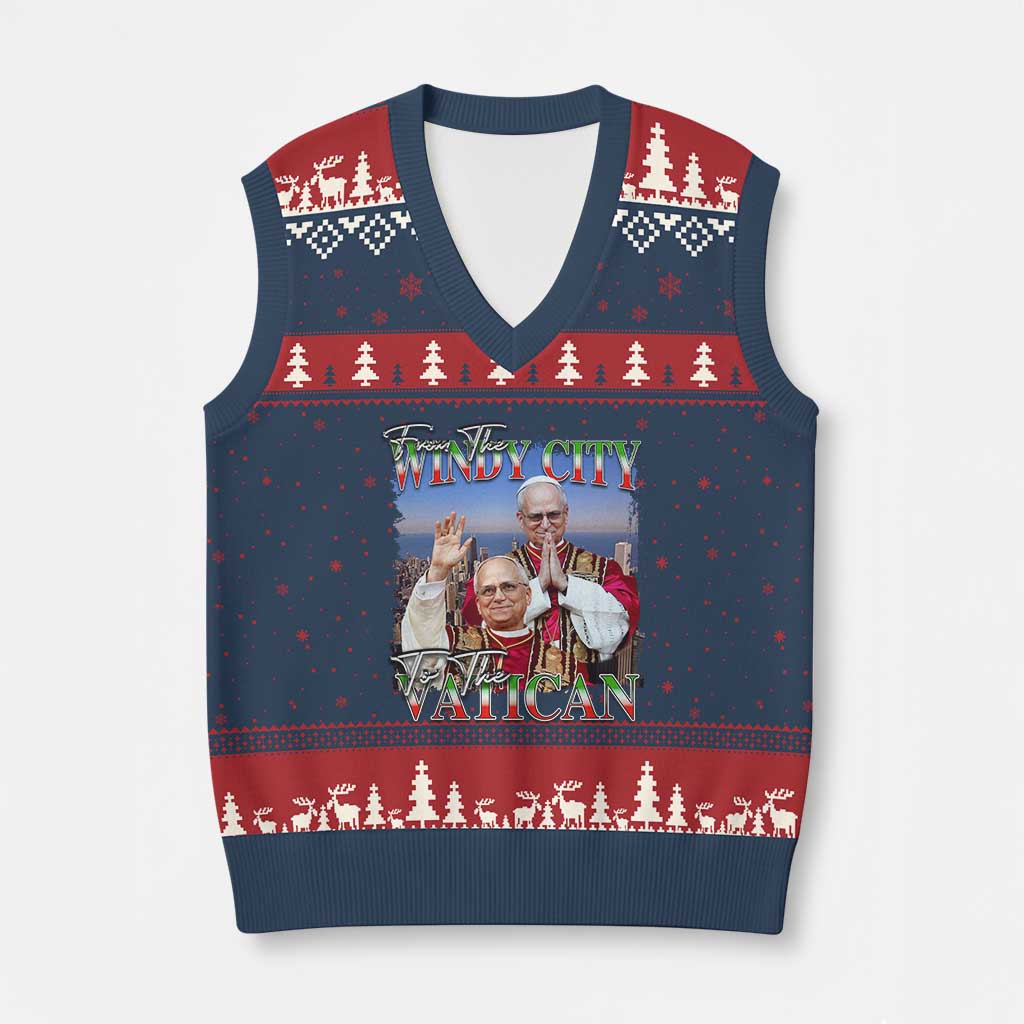267th Pope Leo XIV V-Neck Knit Sweater Vest From The Windy City To The Vatican US Chicago Pride TS02 Navy Red Print Your Wear