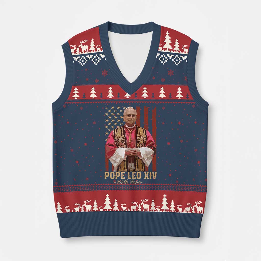 Vintage Pope Leo XIV V-Neck Knit Sweater Vest 267th Pope American Flag TS02 Navy Red Print Your Wear