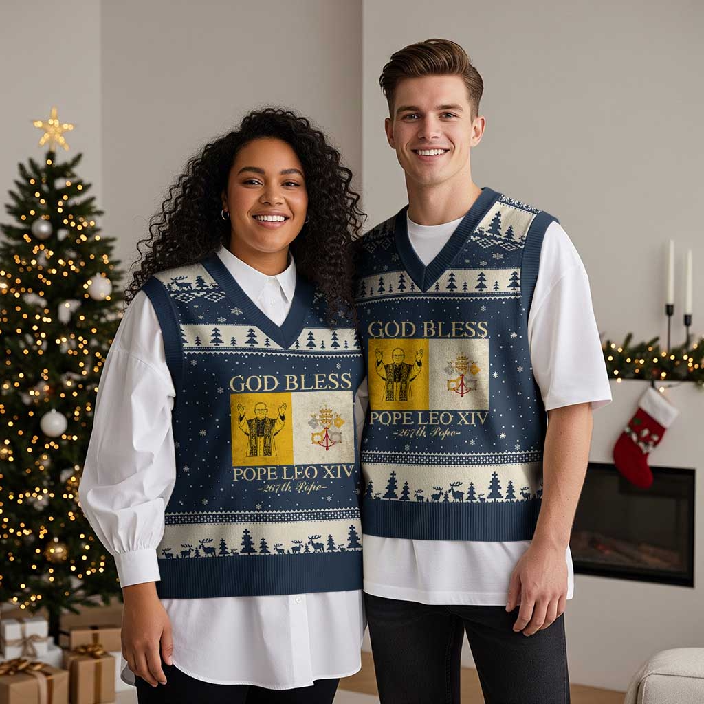 God Bless Pope Leo XIV V-Neck Knit Sweater Vest 267th Pope Vatican Flag TS02 Navy Beige Print Your Wear