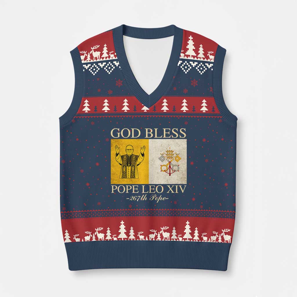 God Bless Pope Leo XIV V-Neck Knit Sweater Vest 267th Pope Vatican Flag TS02 Navy Red Print Your Wear