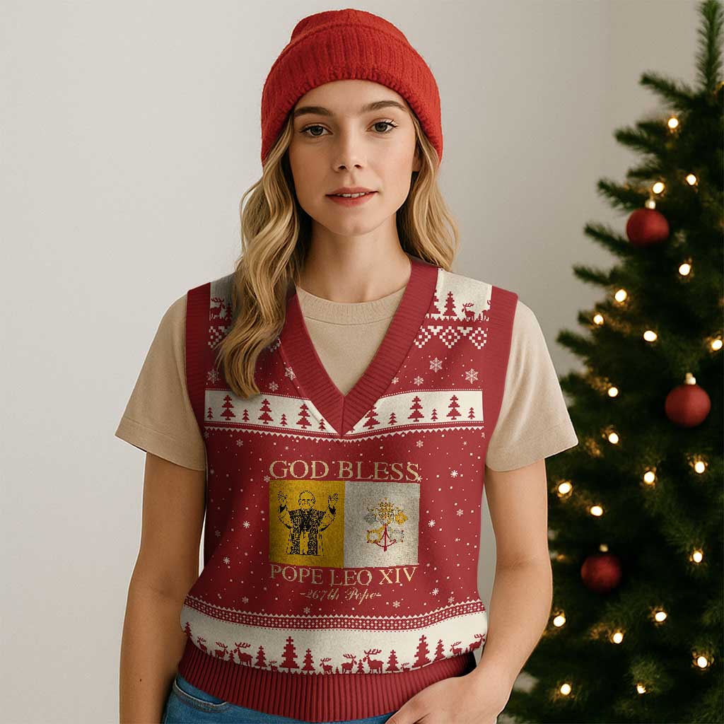 God Bless Pope Leo XIV V-Neck Knit Sweater Vest 267th Pope Vatican Flag TS02 Red Beige Print Your Wear