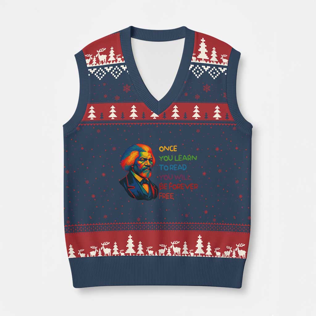 Frederick Douglass Inspirational V-Neck Knit Sweater Vest Learn to Read Be Forever Free Black Leader TS02 Navy Red Print Your Wear