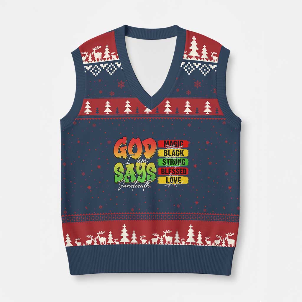 God Says I Am V-Neck Knit Sweater Vest Juneteenth Faith Black Excellence Affirmation Pan-African Colors TS02 Navy Red Print Your Wear