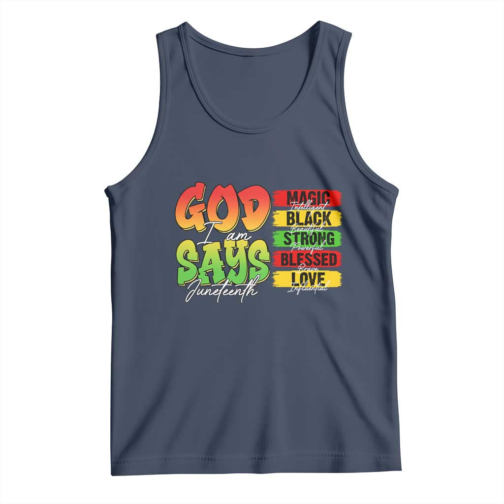 God Says I Am Tank Top Juneteenth Faith Black Excellence Affirmation Pan-African Colors TS02 Navy Print Your Wear
