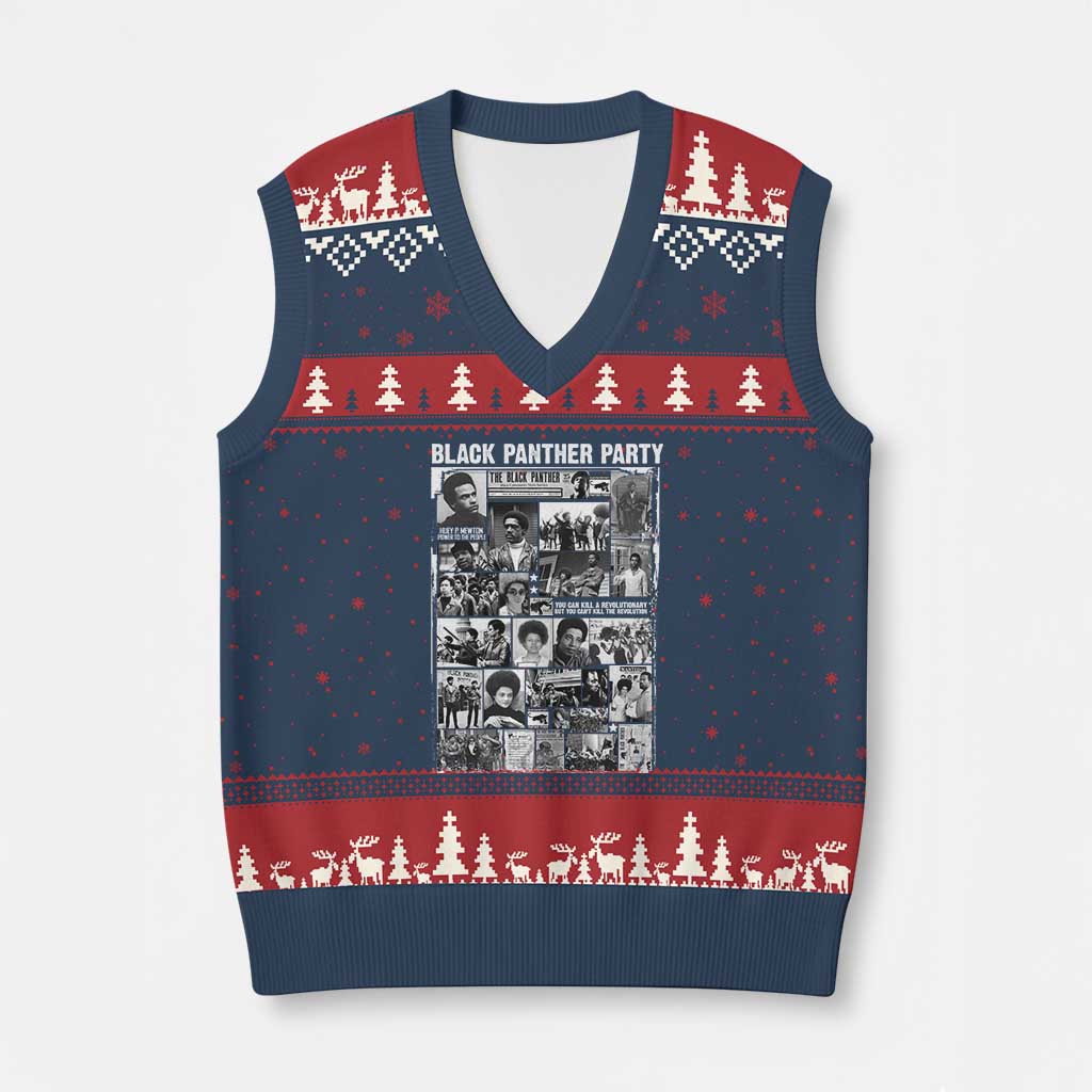 Black Panther Party Collage V-Neck Knit Sweater Vest Revolutionary Tribute to Huey P. Newton Movement Legacy TS02 Navy Red Print Your Wear