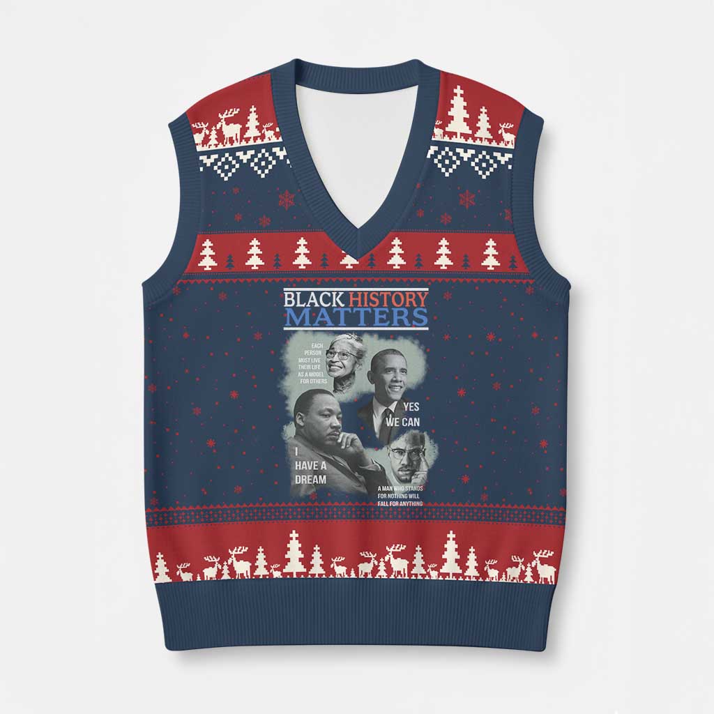 Black History Matters V-Neck Knit Sweater Vest MLK Malcolm X Obama Rosa Parks Inspirational Tribute TS02 Navy Red Print Your Wear