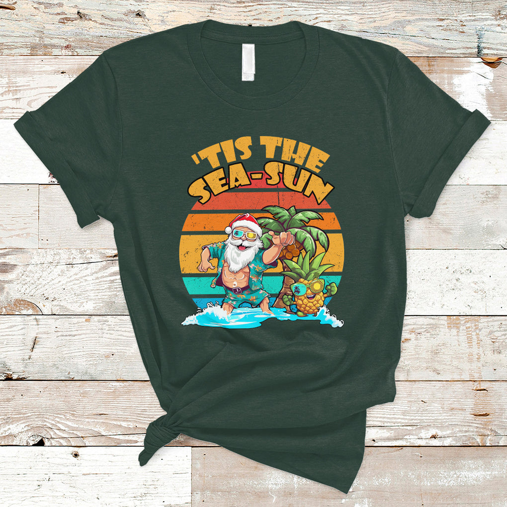 Tis The Sea-Sun Santa Beach Summer Season Christmas In July T Shirt TS02 Dark Forest Green Printyourwear