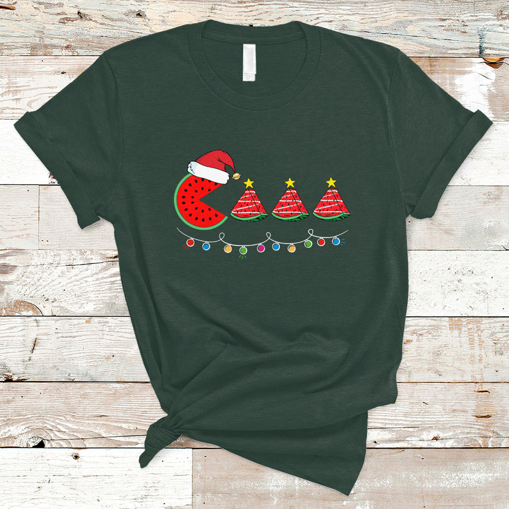 Lighting Santa Watermelon Pie Eating Christmas In July T Shirt TS02 Dark Forest Green Printyourwear