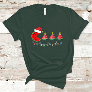 Lighting Santa Watermelon Pie Eating Christmas In July T Shirt TS02 Dark Forest Green Printyourwear