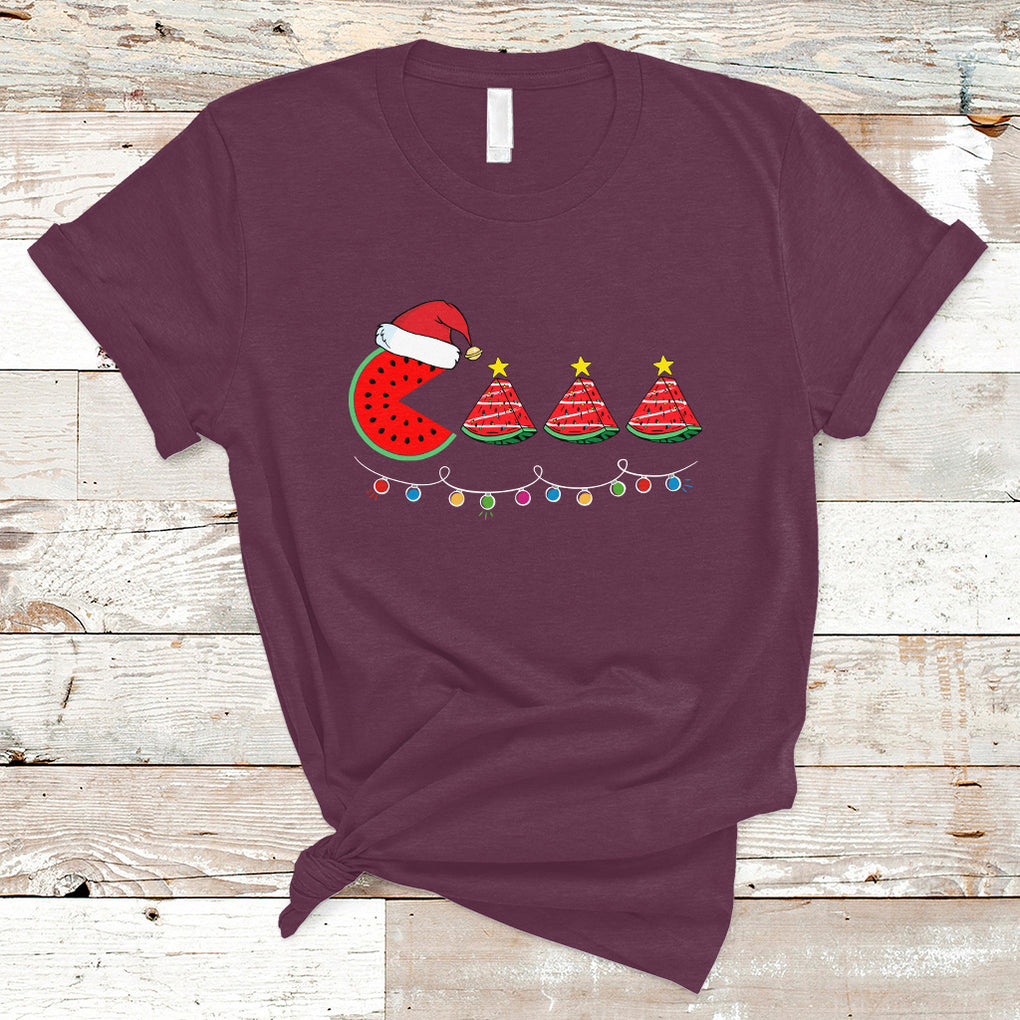 Lighting Santa Watermelon Pie Eating Christmas In July T Shirt TS02 Maroon Printyourwear