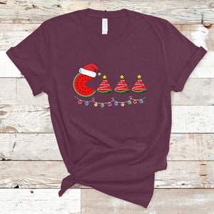 Lighting Santa Watermelon Pie Eating Christmas In July T Shirt TS02 Maroon Printyourwear