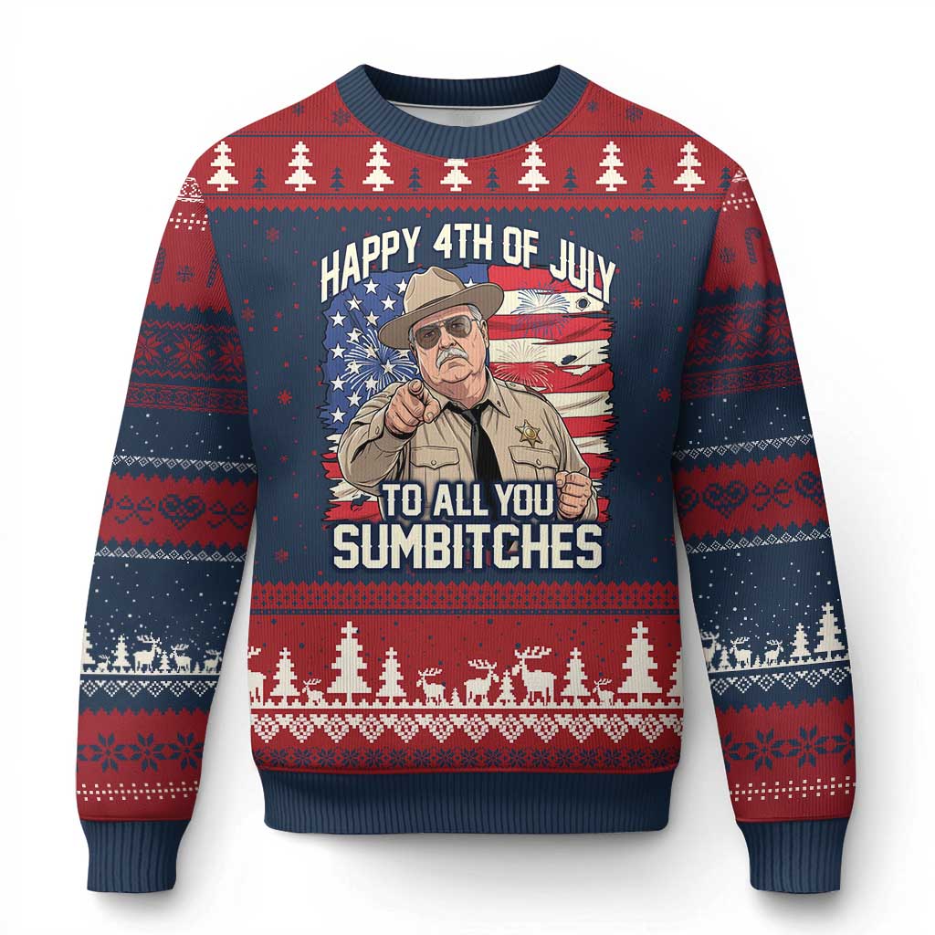 Happy 4th of July To All You Sumbitches Funny Sheriff Ugly Christmas Sweater Retro Movie Quote Inspo Country Humor