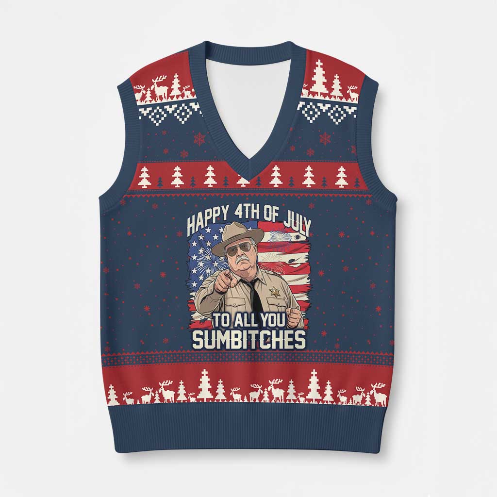 Happy 4th of July To All You Sumbitches Funny Sheriff V-Neck Knit Sweater Vest Retro Movie Quote Inspo Country Humor TS02 Navy Red Print Your Wear