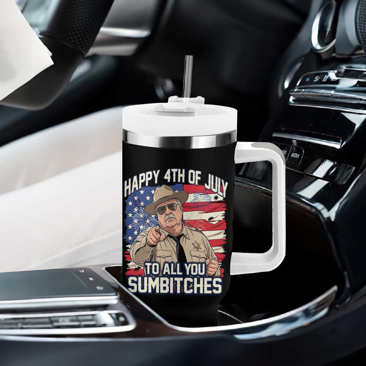 Happy 4th of July To All You Sumbitches Funny Sheriff Tumbler With Handle Retro Movie Quote Inspo Country Humor