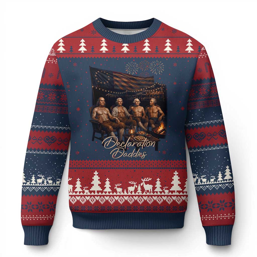 Declaration Daddies Campfire Gathering Graphic Ugly Christmas Sweater Shirtless Founding Fathers Patriotic Summer 4th of July Celebration TS02 Navy Red Print Your Wear