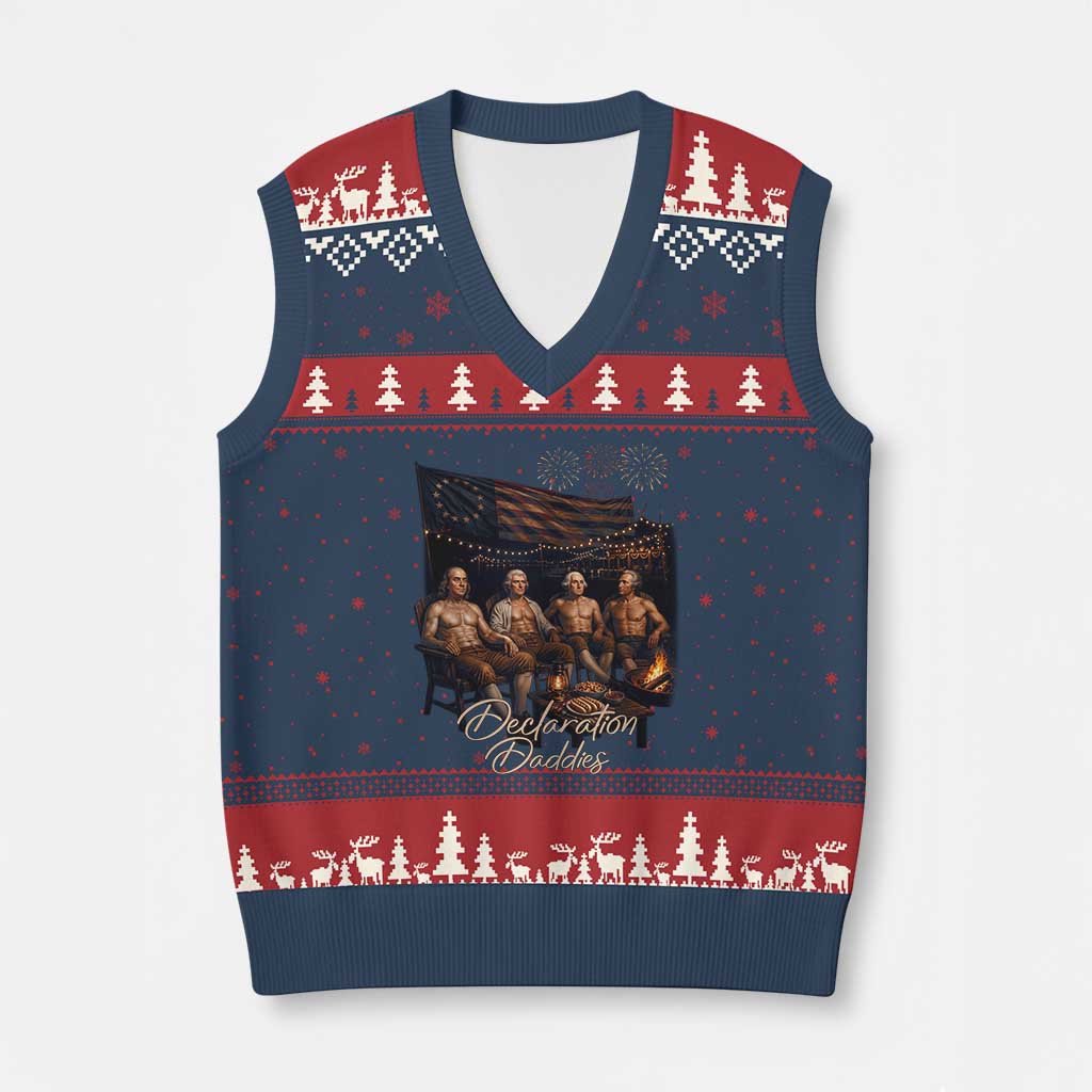 Declaration Daddies Campfire Gathering Graphic V-Neck Knit Sweater Vest Shirtless Founding Fathers Patriotic Summer 4th of July Celebration TS02 Navy Red Print Your Wear