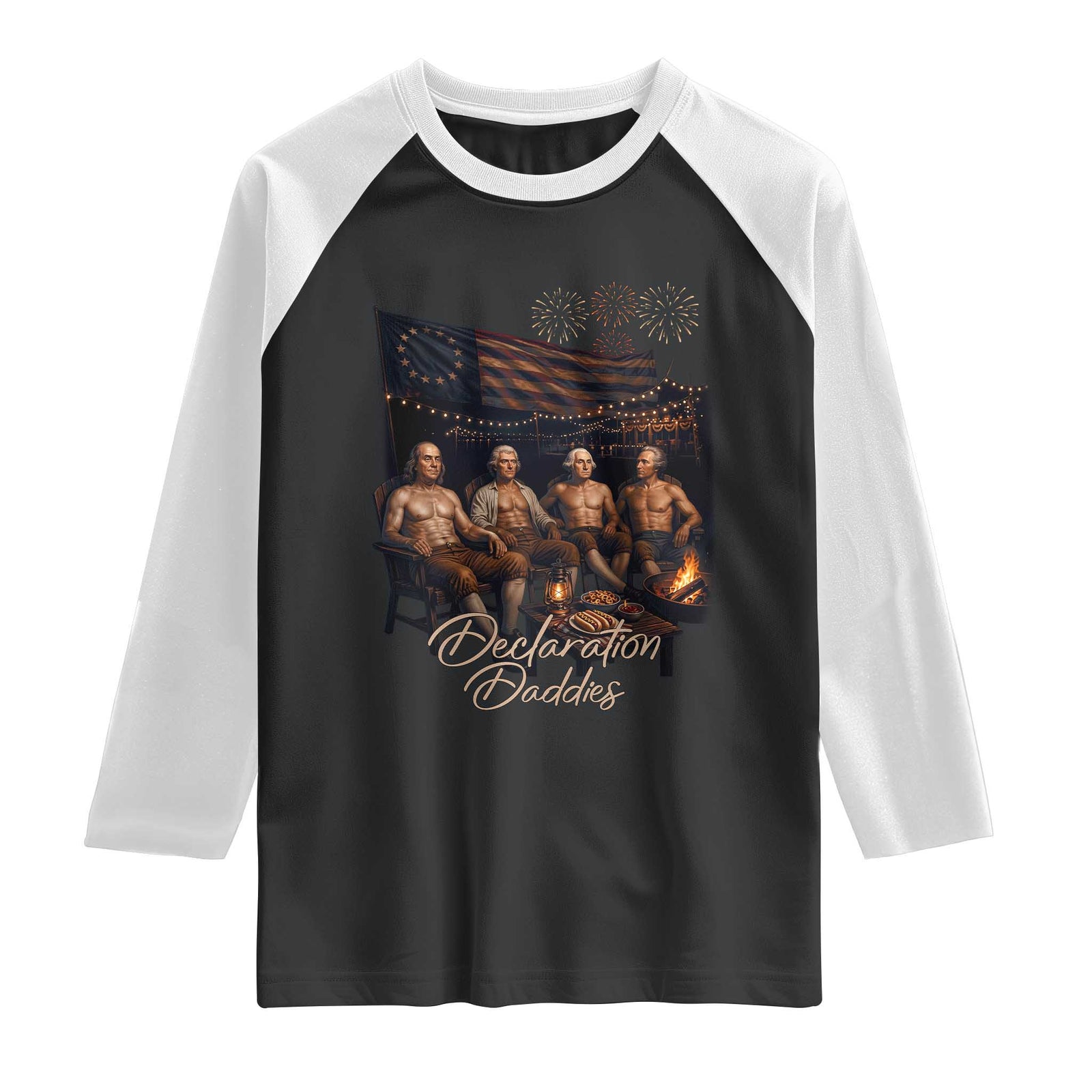 Declaration Daddies Campfire Gathering Graphic Raglan Shirt Shirtless Founding Fathers Patriotic Summer 4th of July Celebration TS02 Black White Print Your Wear