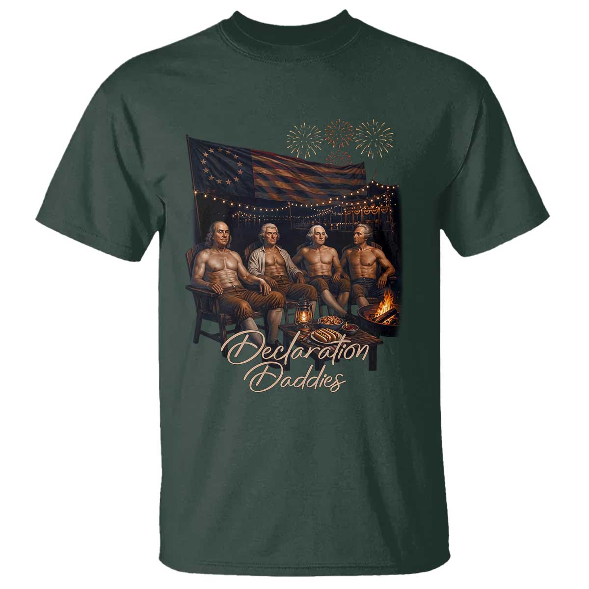 Declaration Daddies Campfire Gathering Graphic T Shirt Shirtless Founding Fathers Patriotic Summer 4th of July Celebration