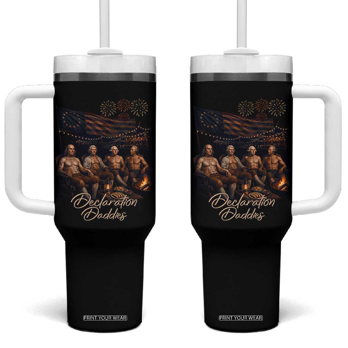 Declaration Daddies Campfire Gathering Graphic Tumbler With Handle Shirtless Founding Fathers Patriotic Summer 4th of July Celebration
