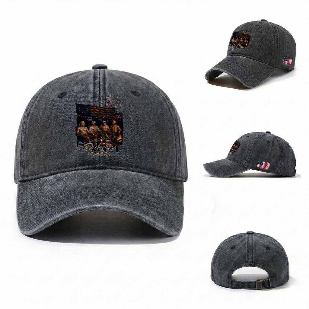 Declaration Daddies Campfire Gathering Graphic Washed Cotton Baseball Cap Shirtless Founding Fathers Patriotic Summer 4th of July Celebration