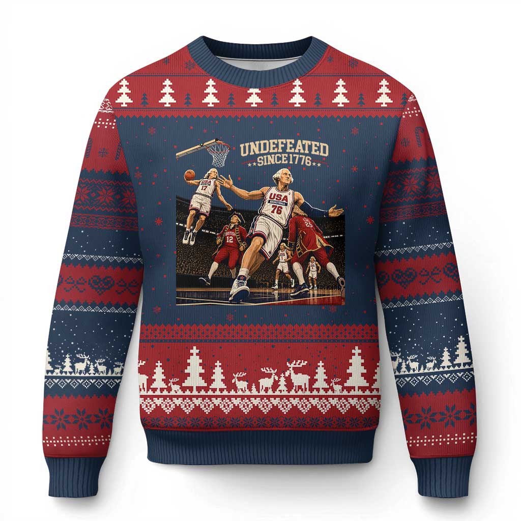Undefeated Since 1776 George Washington Basketball Ugly Christmas Sweater Funny USA Dream Team Founding Fathers Slam Dunk Patriotic Sports TS02 Navy Red Print Your Wear