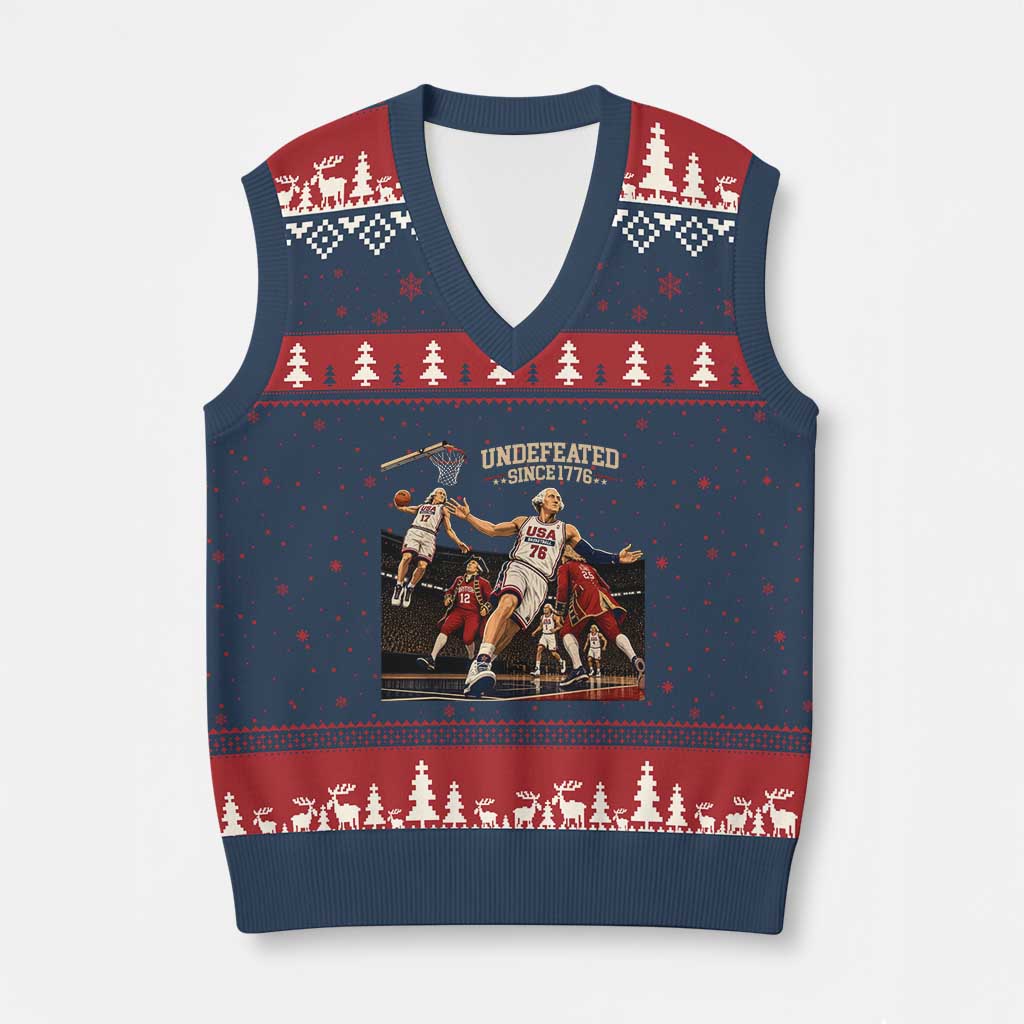Undefeated Since 1776 George Washington Basketball V-Neck Knit Sweater Vest Funny USA Dream Team Founding Fathers Slam Dunk Patriotic Sports TS02 Navy Red Print Your Wear
