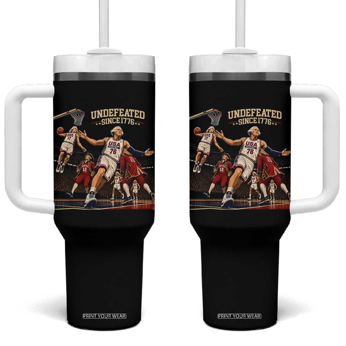 Undefeated Since 1776 George Washington Basketball Tumbler With Handle Funny USA Dream Team Founding Fathers Slam Dunk Patriotic Sports