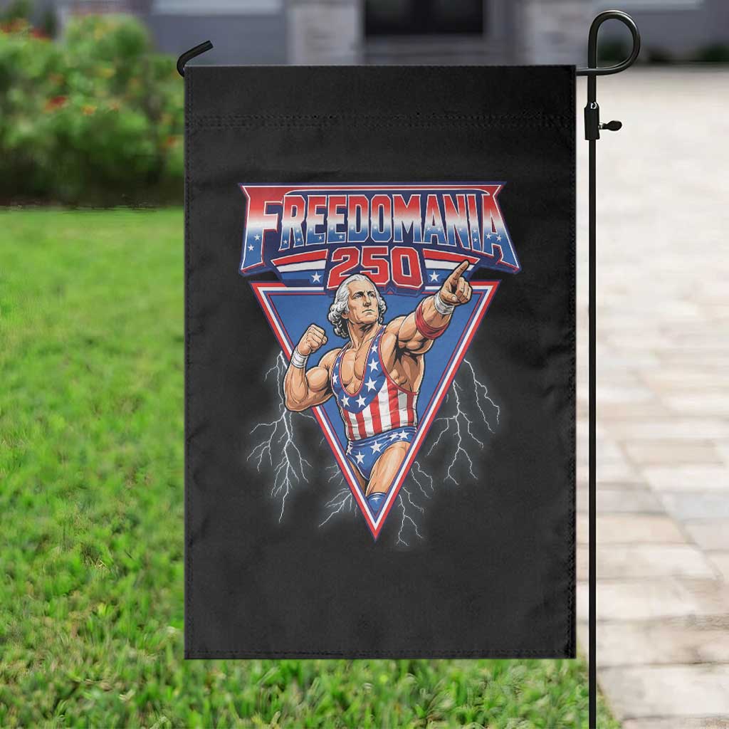 Freedomania 250 George Washington Wrestler Graphic Garden Flag Funny Muscular President Lightning 1776 to 2026 Semiquincentennial