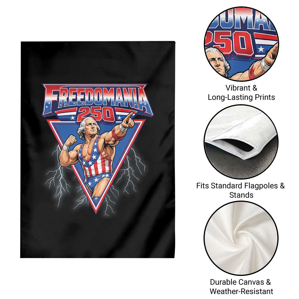 Freedomania 250 George Washington Wrestler Graphic Garden Flag Funny Muscular President Lightning 1776 to 2026 Semiquincentennial