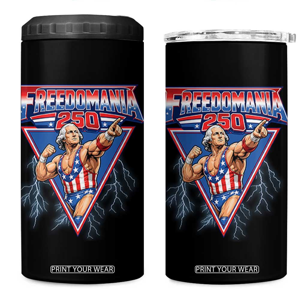 Freedomania 250 George Washington Wrestler Graphic 4 in 1 Can Cooler Tumbler Funny Muscular President Lightning 1776 to 2026 Semiquincentennial