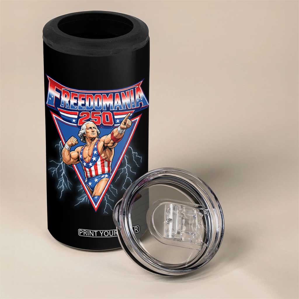 Freedomania 250 George Washington Wrestler Graphic 4 in 1 Can Cooler Tumbler Funny Muscular President Lightning 1776 to 2026 Semiquincentennial
