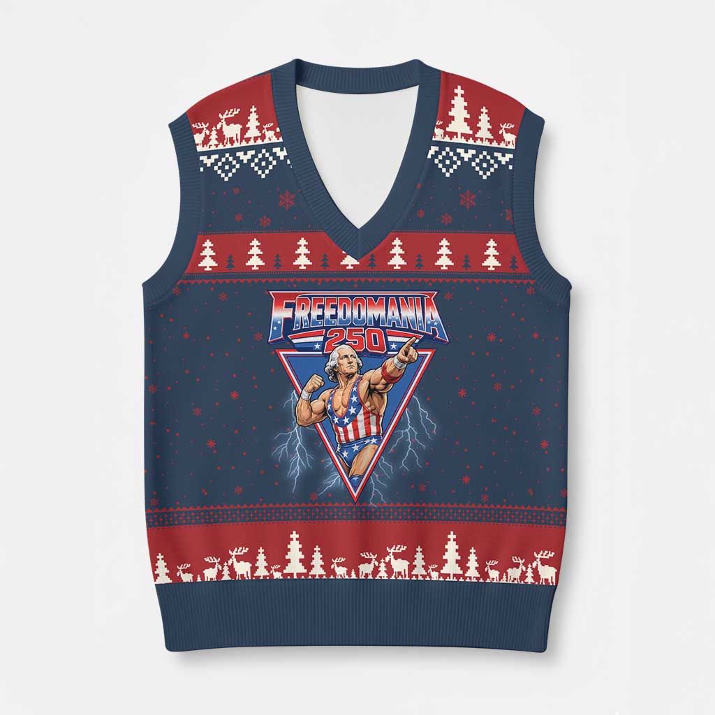 Freedomania 250 George Washington Wrestler Graphic V-Neck Knit Sweater Vest Funny Muscular President Lightning 1776 to 2026 Semiquincentennial