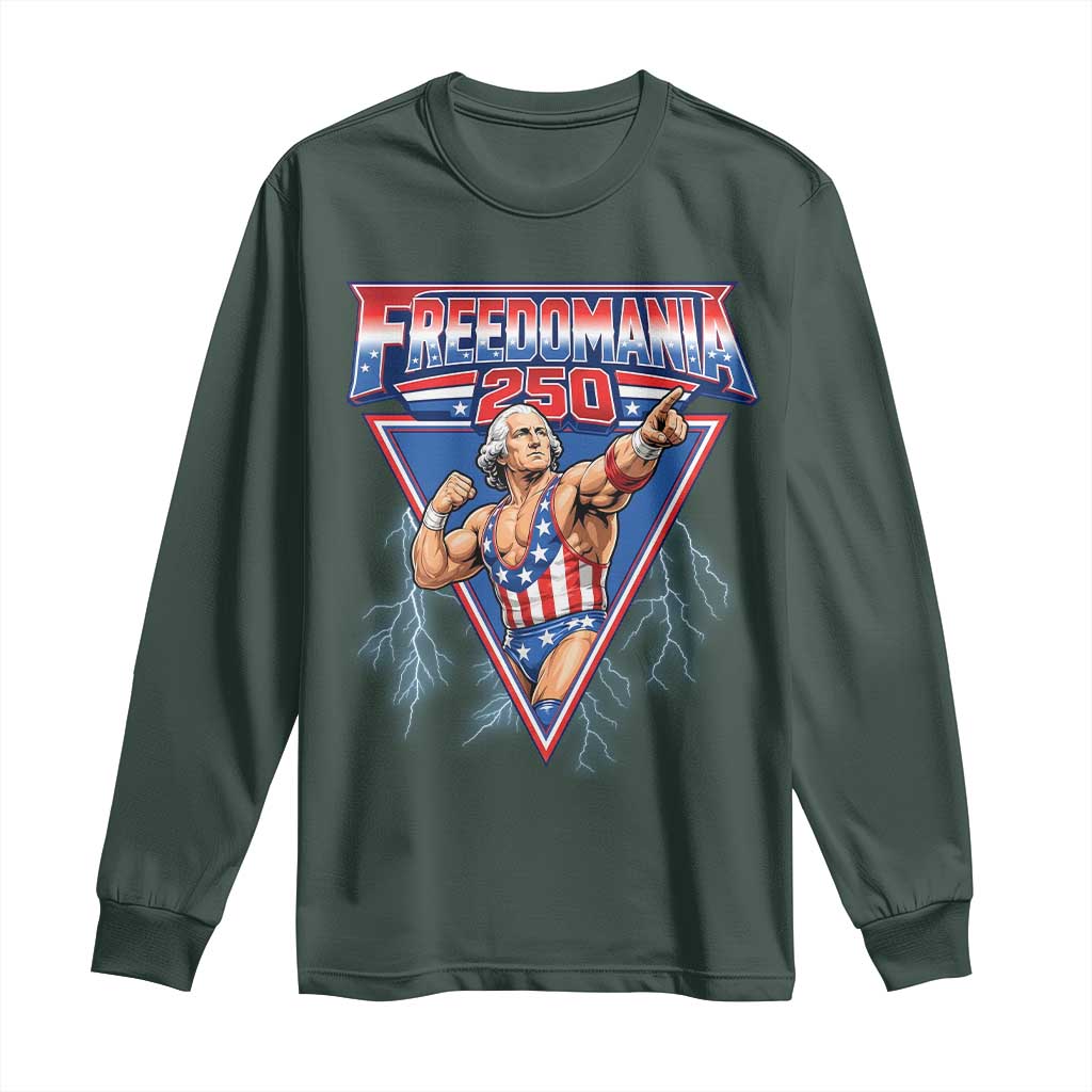 Freedomania 250 George Washington Wrestler Graphic Long Sleeve Shirt Funny Muscular President Lightning 1776 to 2026 Semiquincentennial