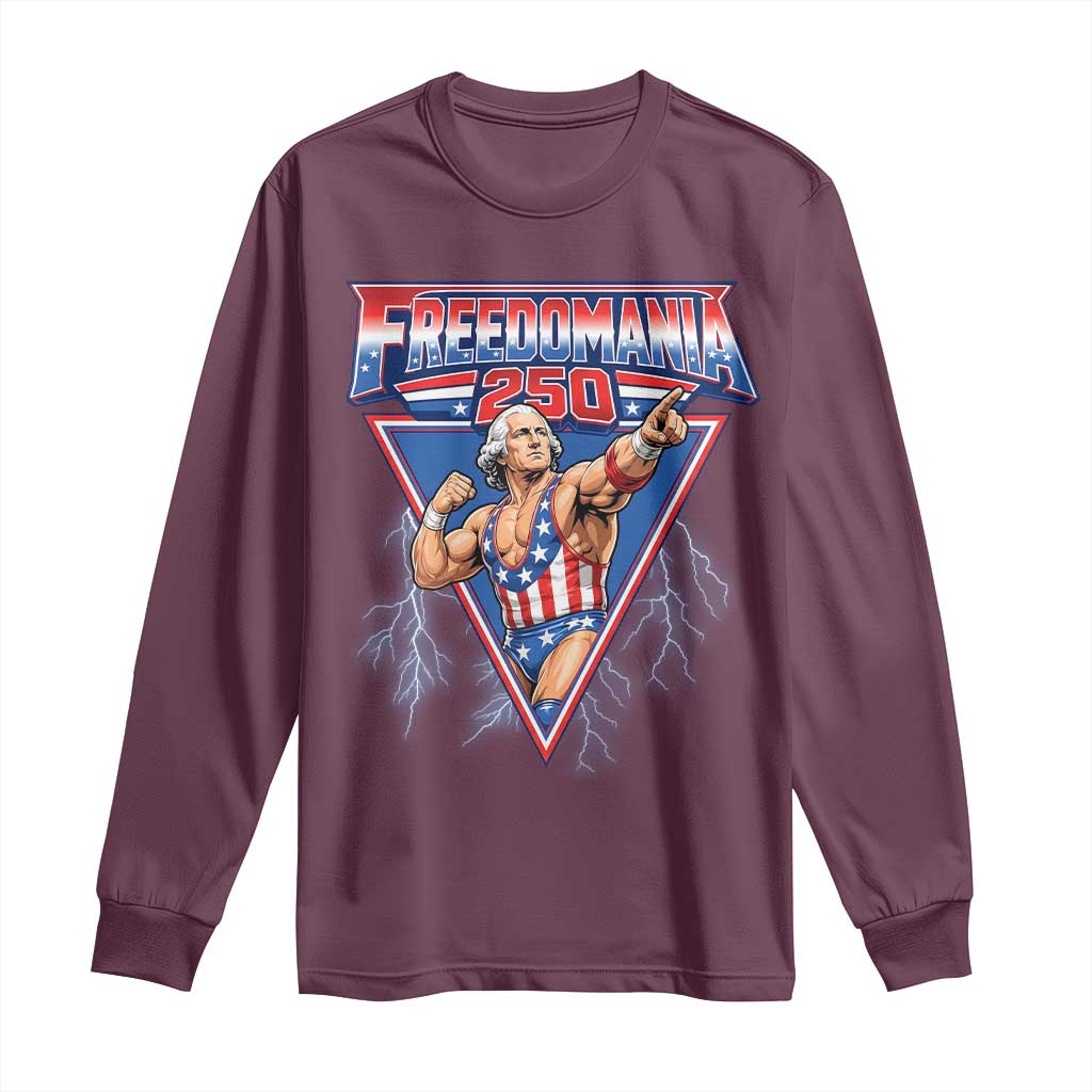 Freedomania 250 George Washington Wrestler Graphic Long Sleeve Shirt Funny Muscular President Lightning 1776 to 2026 Semiquincentennial