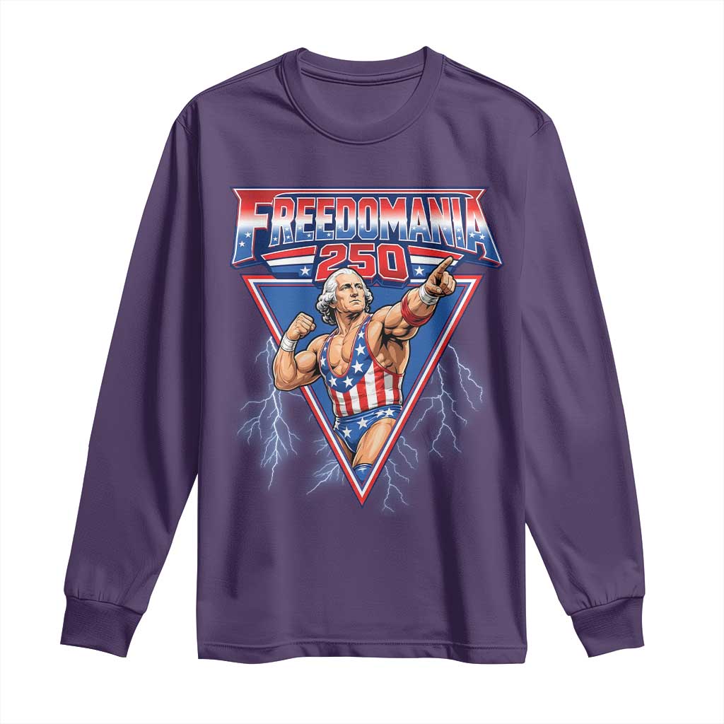 Freedomania 250 George Washington Wrestler Graphic Long Sleeve Shirt Funny Muscular President Lightning 1776 to 2026 Semiquincentennial