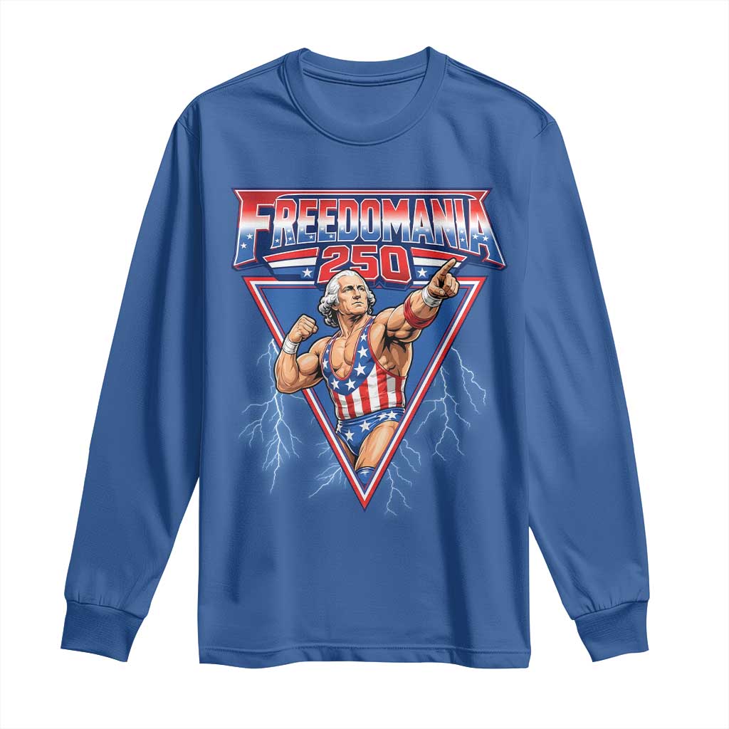 Freedomania 250 George Washington Wrestler Graphic Long Sleeve Shirt Funny Muscular President Lightning 1776 to 2026 Semiquincentennial