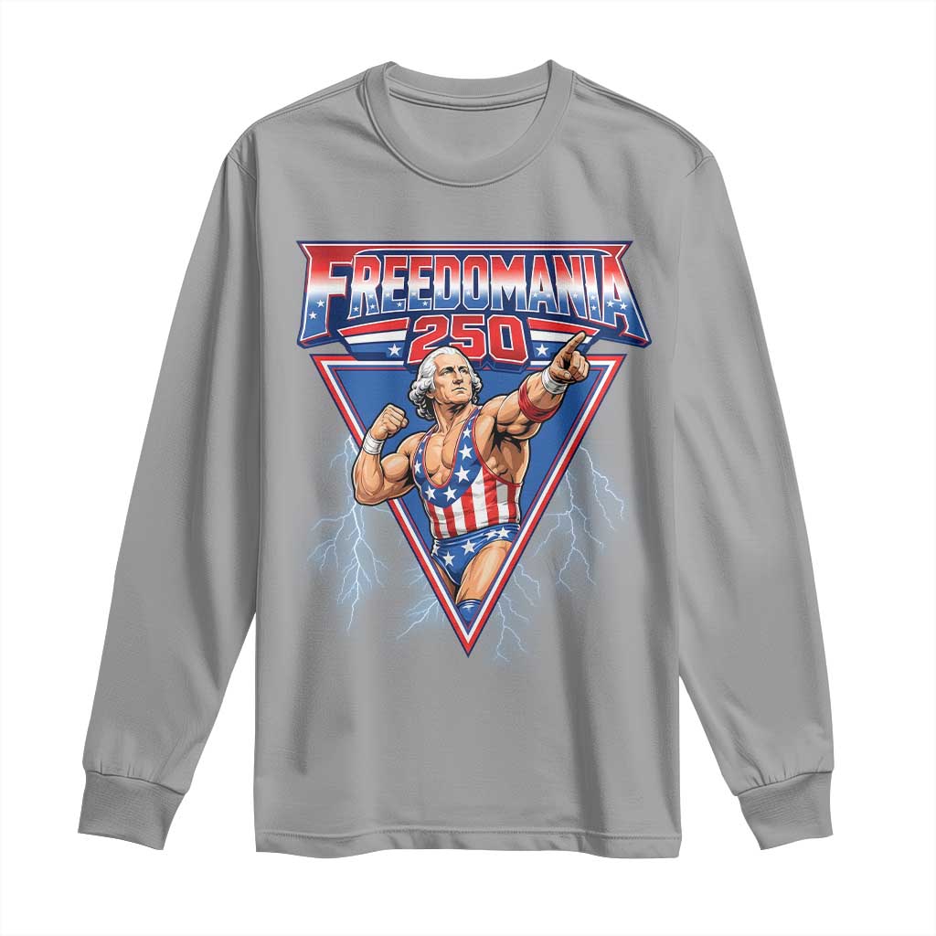 Freedomania 250 George Washington Wrestler Graphic Long Sleeve Shirt Funny Muscular President Lightning 1776 to 2026 Semiquincentennial