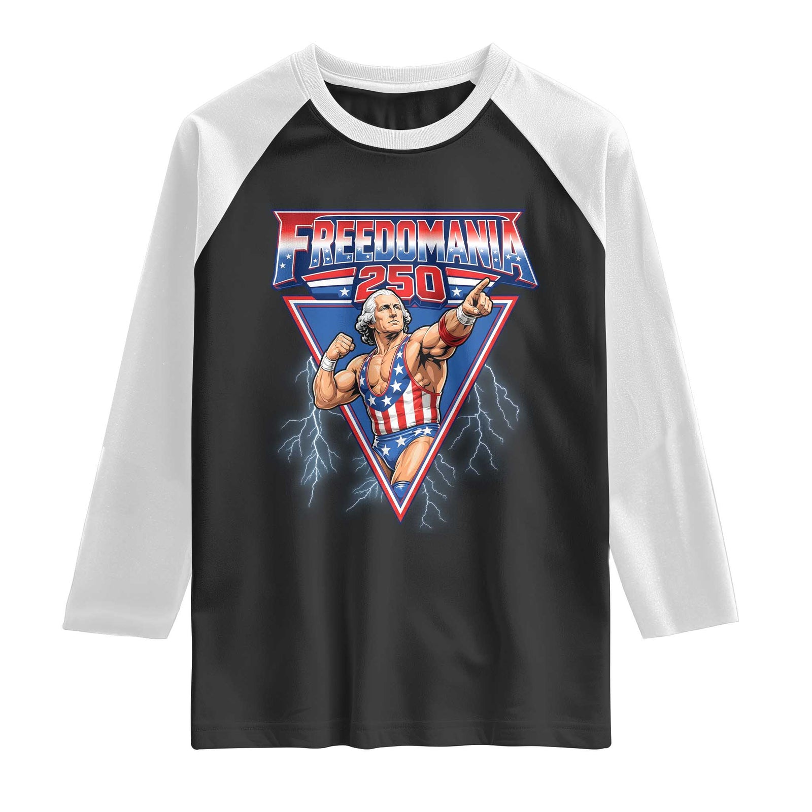 Freedomania 250 George Washington Wrestler Graphic Raglan Shirt Funny Muscular President Lightning 1776 to 2026 Semiquincentennial
