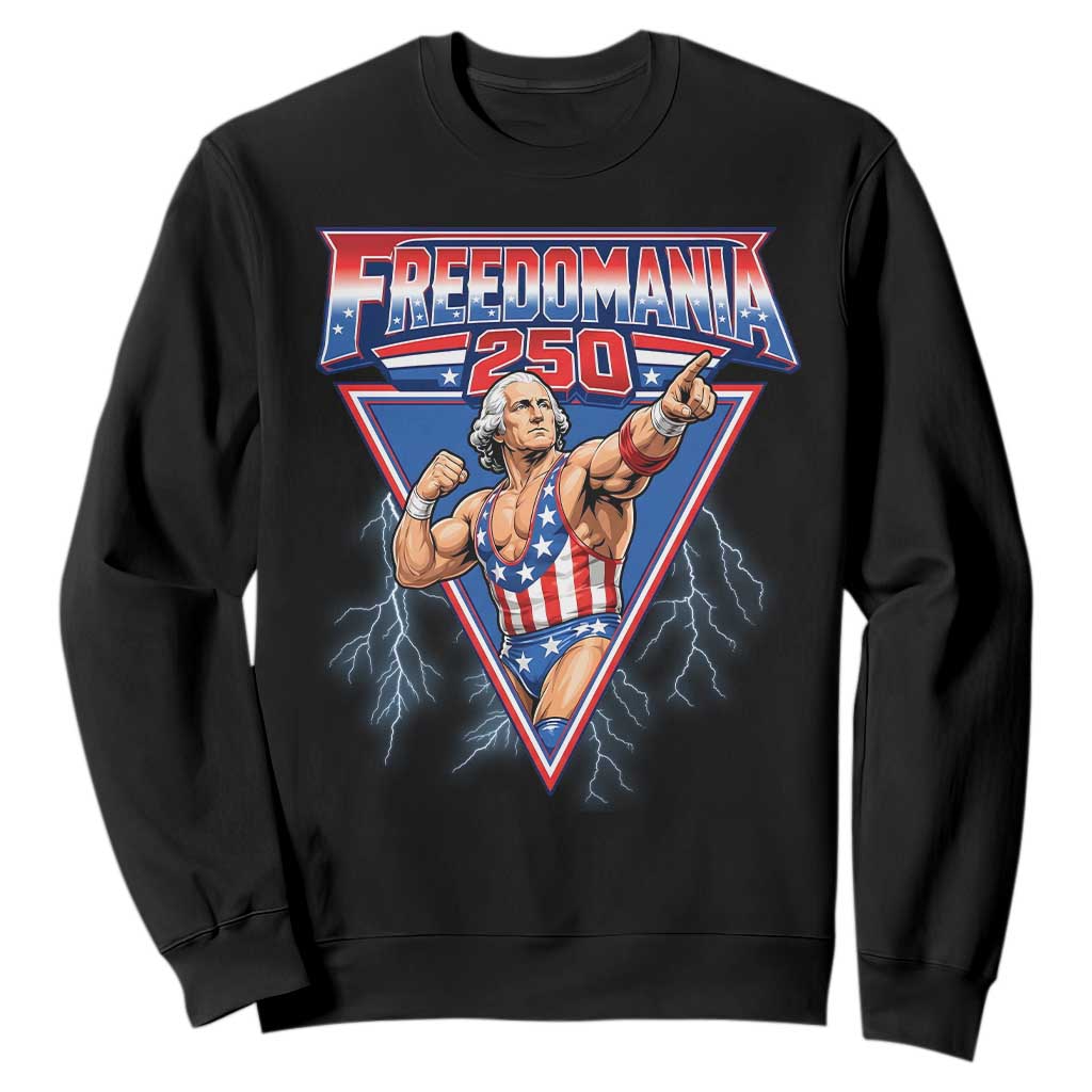 Freedomania 250 George Washington Wrestler Graphic Sweatshirt Funny Muscular President Lightning 1776 to 2026 Semiquincentennial