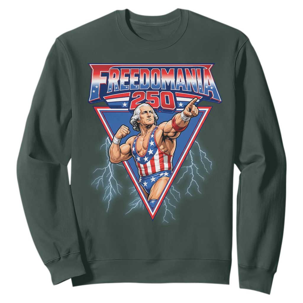 Freedomania 250 George Washington Wrestler Graphic Sweatshirt Funny Muscular President Lightning 1776 to 2026 Semiquincentennial