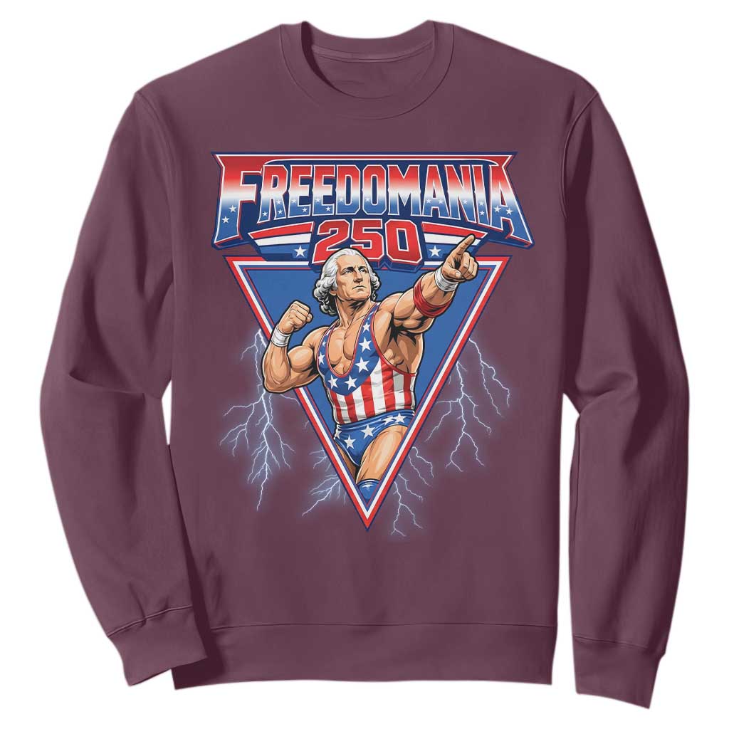 Freedomania 250 George Washington Wrestler Graphic Sweatshirt Funny Muscular President Lightning 1776 to 2026 Semiquincentennial