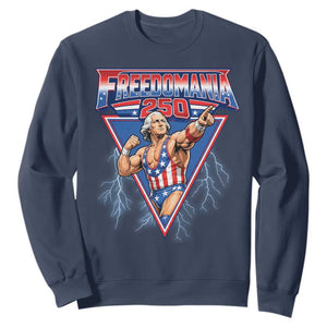 Freedomania 250 George Washington Wrestler Graphic Sweatshirt Funny Muscular President Lightning 1776 to 2026 Semiquincentennial