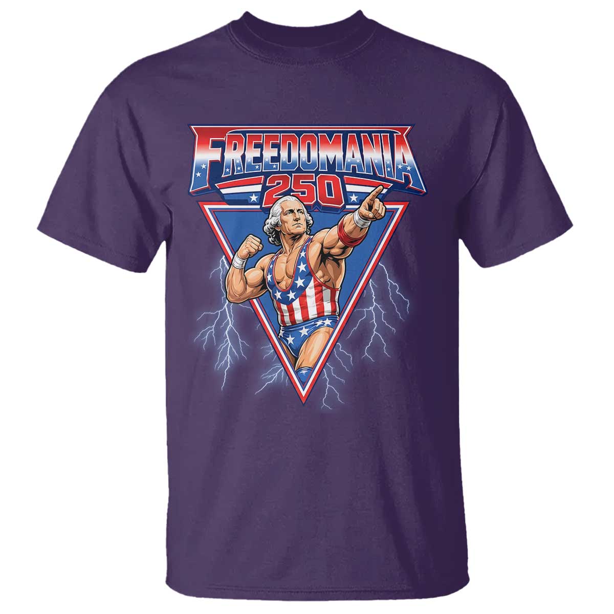 Freedomania 250 George Washington Wrestler Graphic T Shirt Funny Muscular President Lightning 1776 to 2026 Semiquincentennial