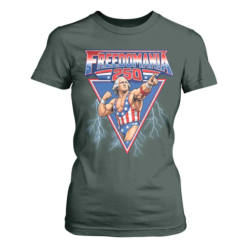 Freedomania 250 George Washington Wrestler Graphic T Shirt For Women Funny Muscular President Lightning 1776 to 2026 Semiquincentennial