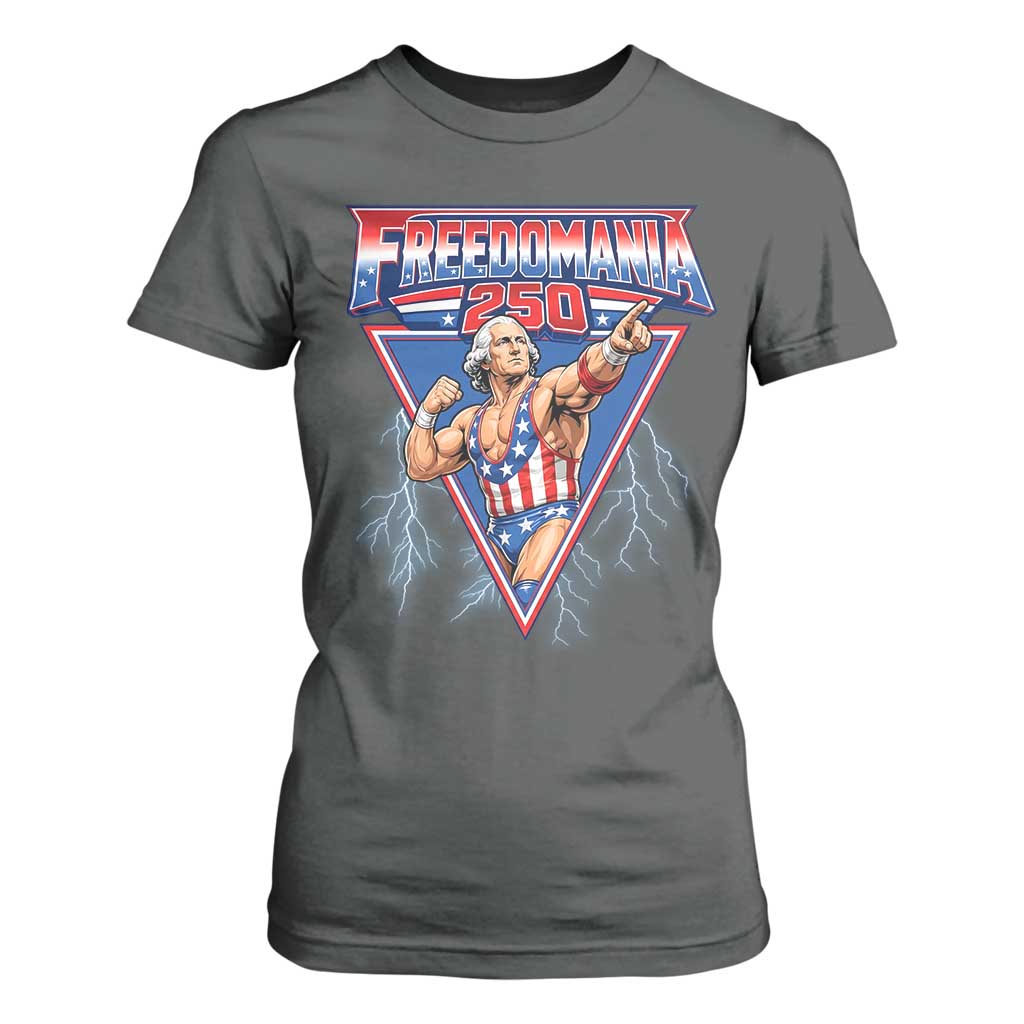 Freedomania 250 George Washington Wrestler Graphic T Shirt For Women Funny Muscular President Lightning 1776 to 2026 Semiquincentennial
